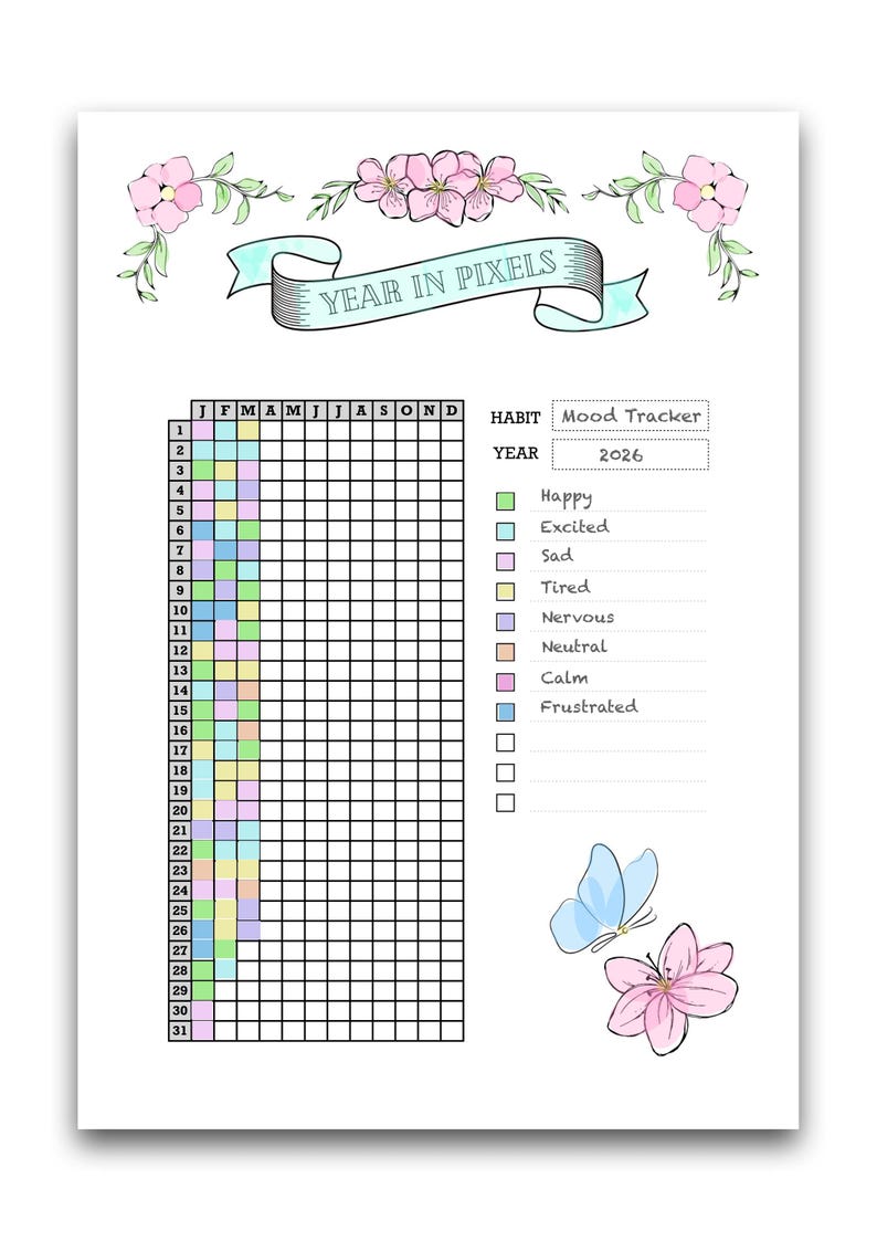 Year in Pixels Printable Template - Daily Mood and Habit Tracker - A4 ...