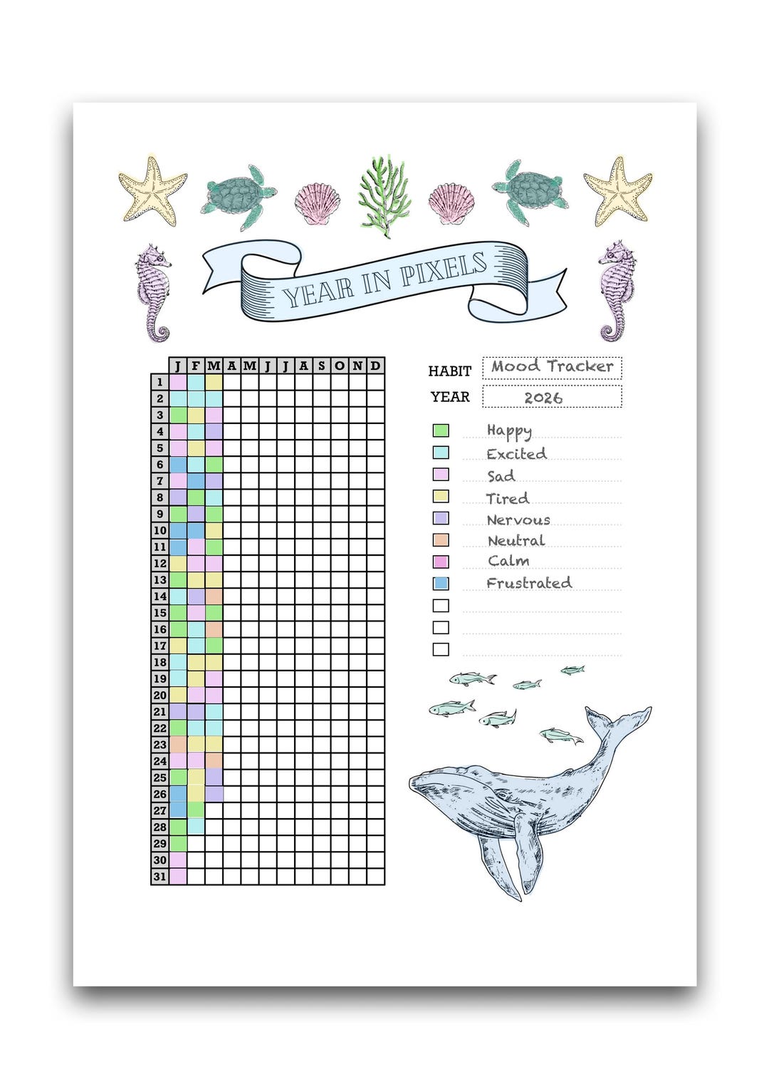 Year in Pixels Printable Template - Daily Mood and Habit Tracker - A4 ...
