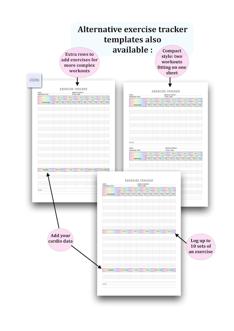 Exercise Tracking Template Fun Workout Tracker Printable - Rainbow Exercise Log - Digital Instant ...