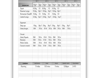 May include: A white exercise tracker sheet with black text. The sheet is for a leg workout, with exercises like squats and lunges. It includes sections for weight, reps, and time. The cardio section shows running for 3 miles in 33 minutes.