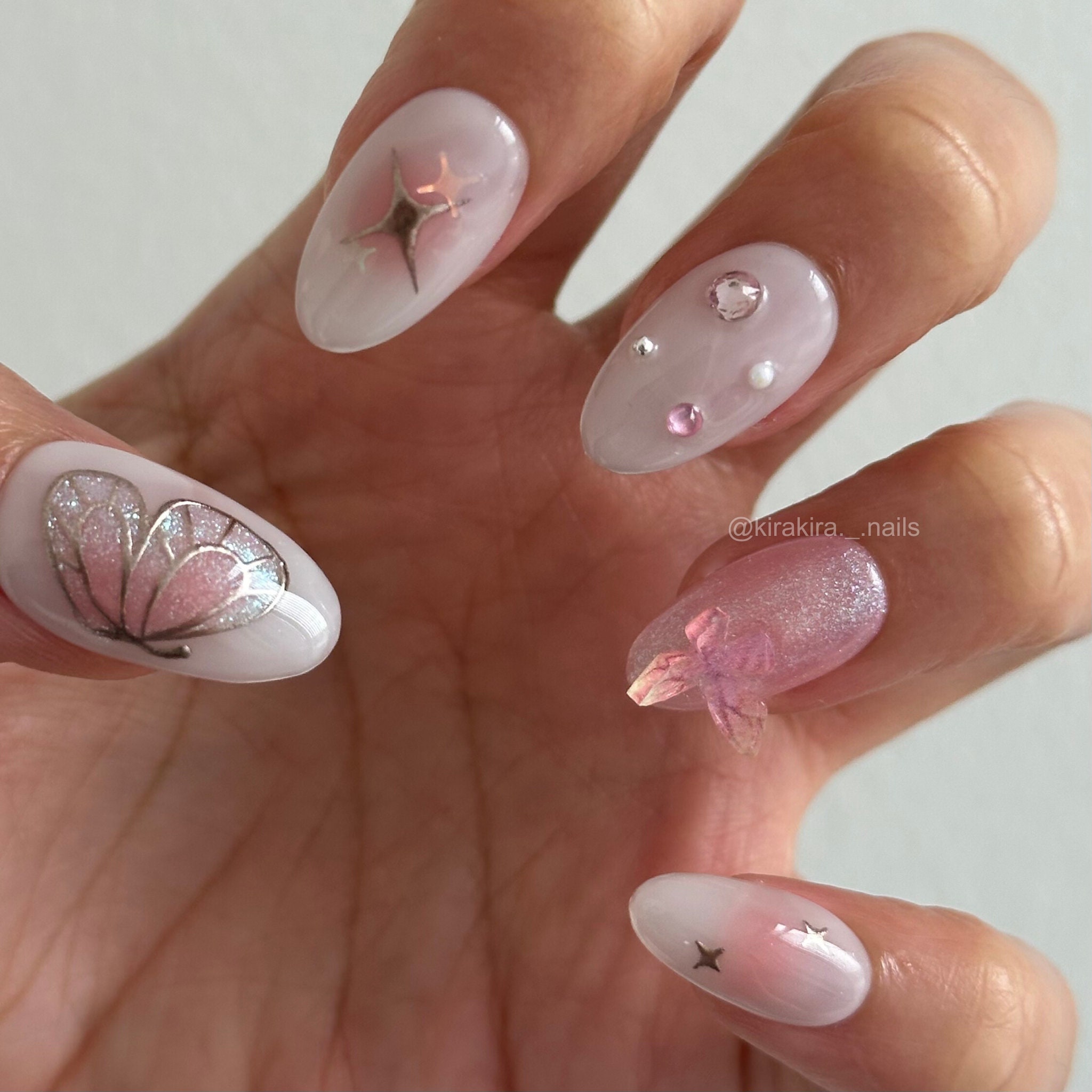 3D Butterfly Pink Chrome Cyber Coquette Press-On Nails | Hand Painted Press-On Nails | Kira Kira Nails