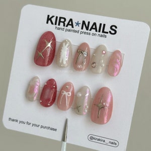 LE SERAFIM Inspired Cyber Coquette Press-On Nails | Hand Painted Press-On Nails | Kira Kira Nails