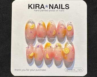 Spring Cocktail Press-On Nails | Hand Painted Press-On Nails | Kira Kira Nails