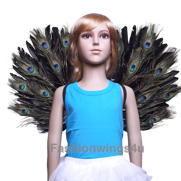 FashionWings Angel of Pride, Medium, Peacock/Black feather wings 24*16 inches for children juniors. costume photo props