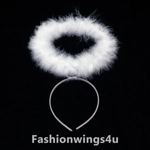 FashionWings white marabou feather headband halo. fit children and adults. unisex angel costume photo props. volume discount available.