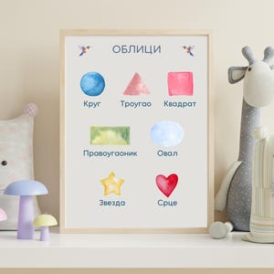 Poster con forme serbe – Облици in cirillico – Impara le forme in serbo – Arte murale stampabile per bambini