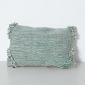Peut inclure: Coussin rectangulaire turquoise avec des franges aux coins. Le coussin a une texture tissée avec des lignes horizontales. La frange est d'une nuance plus claire de turquoise et de blanc.