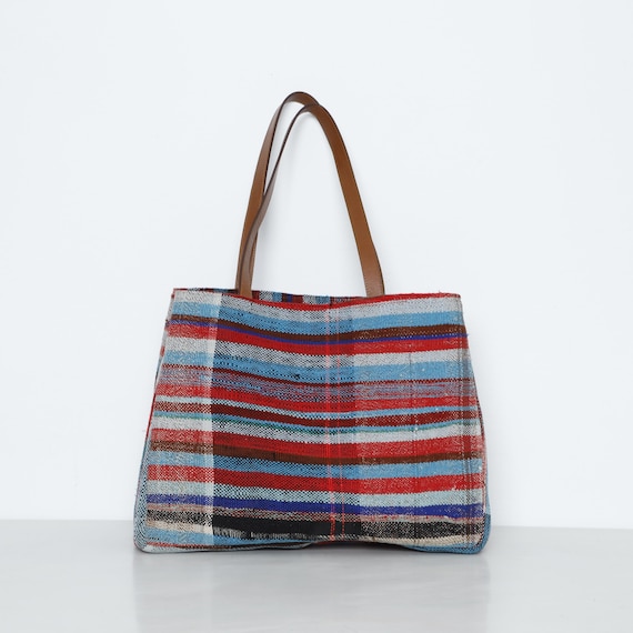Handwoven Colorful Tote Bag | Boho Striped Shoulder Bag | Eco-Friendly Fabric Purse | Artisan Handmade Bag with Leather Straps