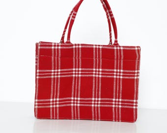 Red Plaid Cotton Tote Bag | Handmade Checkered Reusable Bag | Eco-Friendly Christmas Market Tote | Casual Everyday Fabric Purse