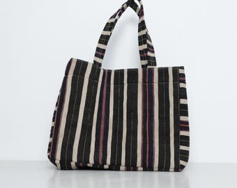 Handwoven Cotton Tote Bag |Striped Black and Beige Boho Shoulder Bag | Eco-Friendly Reusable Market Bag | Handmade Artisan Fabric Purse