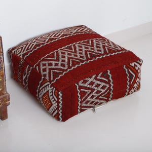 Red Moroccan Kilim Pouf – Handwoven Berber Wool Ottoman Cover, Tribal Floor Cushion, Vintage Rug Pillow, Boho Home Decor Seat
