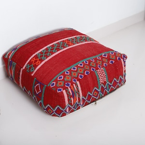 Red Moroccan Kilim Pouf – Colorful Berber Floor Cushion, Vintage Wool Ottoman Cover, Handmade Boho Pillow, Tribal Home Decor