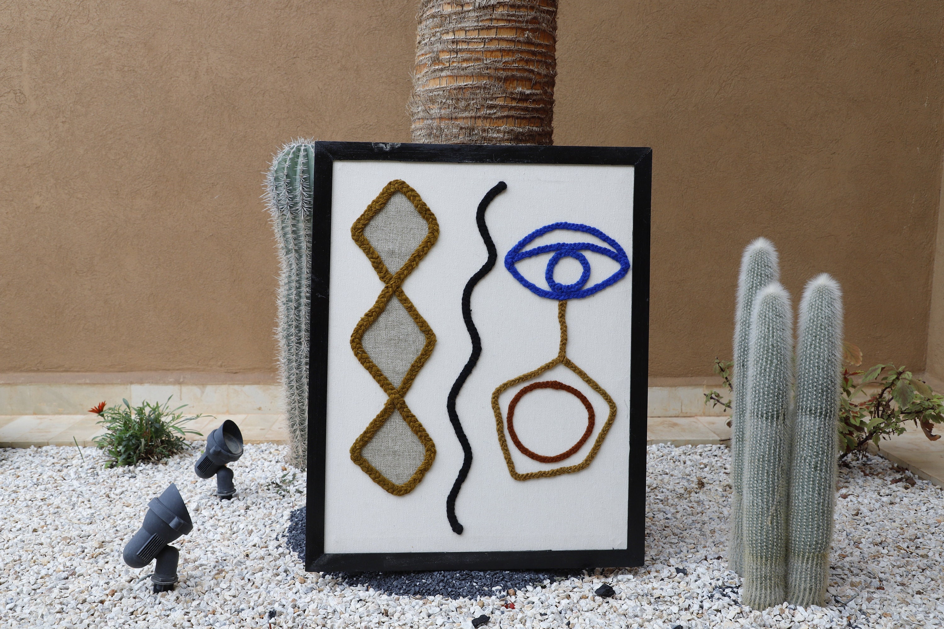 Hand Woven Wall Hanging, Berber Framed Work, Earth Tones Wall Art Custom Handmade Tapestry, Weaving, Eye Icon For Boho Home Decor.