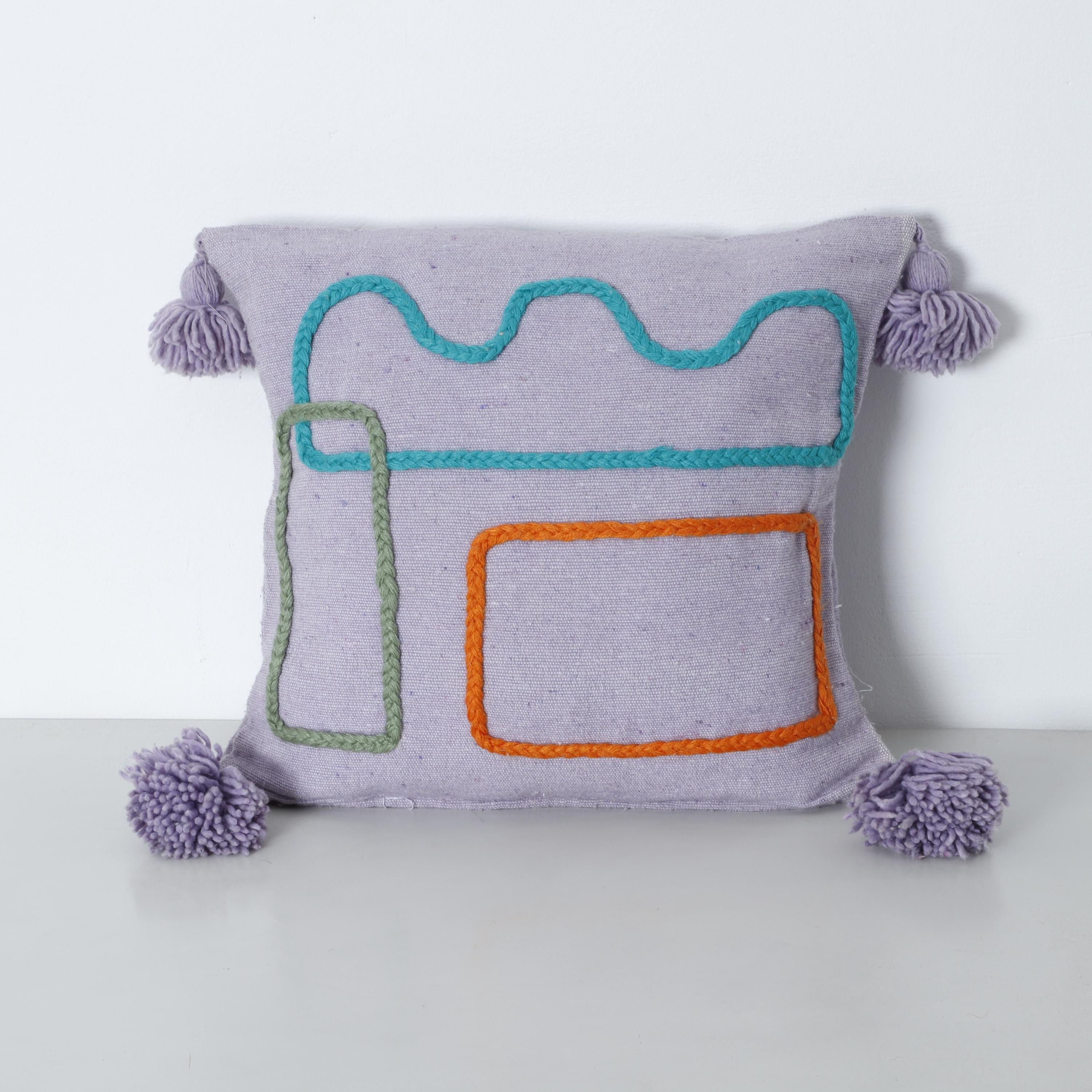 Handmade Moroccan Purple Pillow – 48x45 cm – Abstract Embroidered Cushion with Tassels – Boho Modern Cotton Decor – Orange Green Blue Design
