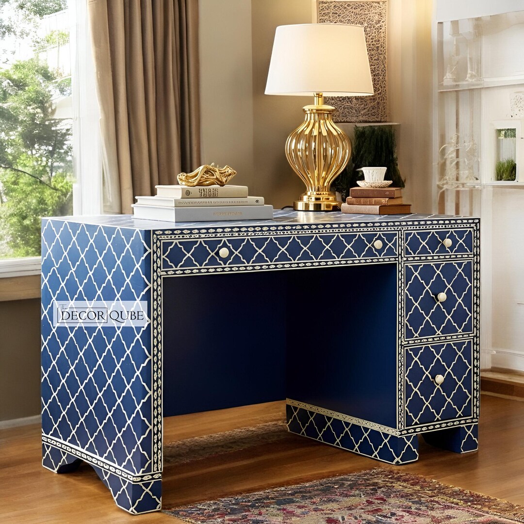 Blue Mughal Bone Inlay Desk Mughal Vine Bone Inlay Workstation Wooden ...