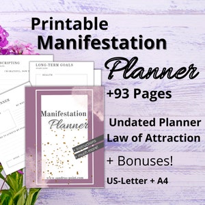 May include: A printable manifestation planner with a purple and white cover featuring gold glitter. The cover text reads "Manifestation Planner" and includes the website address "www.sandras-point.com". The planner is undated and includes 93 pages, instructions, and bonuses. The text "Law of Attraction" is also included.