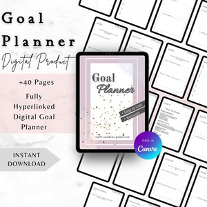 Könnte beinhalten: Ein digitaler Zielplaner mit rosa-weißem Hintergrund und goldenem Glitzer. Der Planer befindet sich auf einem Tablet und trägt den Text "Goal Planner" in goldener Schrift. Der Text "+ Easy to use! + Bonuses" befindet sich ebenfalls auf dem Planer. Der Text "Edit in Canva" befindet sich auf einem blauen und violetten Kreis.