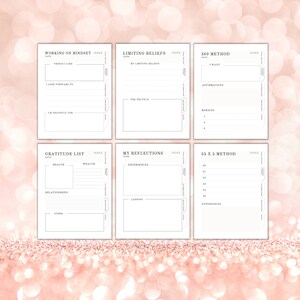 May include: A printable worksheet with six sections for self-reflection and goal setting. The sections include "Working on Mindset", "Limiting Beliefs", "369 Method", "Gratitude List", "My Reflections", and "55 x 5 Method".