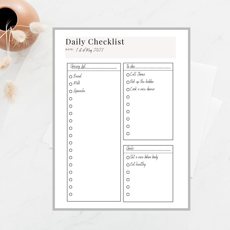 May include: A black and white daily checklist printable with sections for grocery list, to do, and goals. The date is 1st of May 2021.