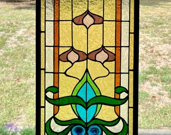 Stained Glass Panel with Art Nouveau Design and Colored Textured Glass