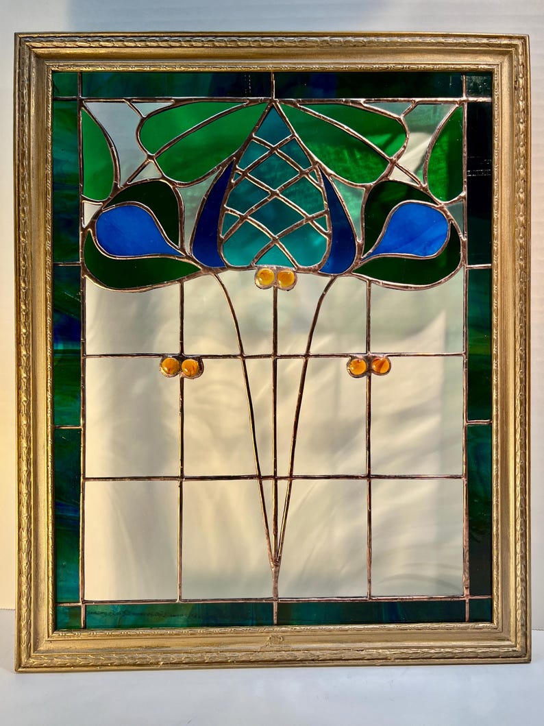 Stained Glass Panel With Art Nouveau Flowers in Teal, Green and Blue - Etsy
