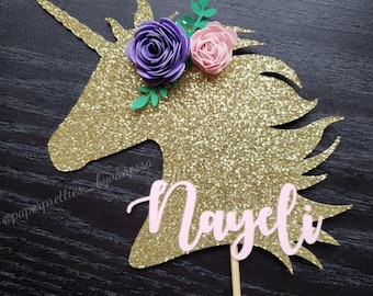 Unicorn Cake Topper / Unicorn Floral Topper / 1st Birthday / Birthday Cake Topper / Glitter Cake Topper