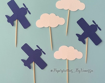 Time Flies 1st Birthday Cupcake Toppers.  Airplane Cupcake Toppers. Blue Airplane decorations.  Airplanes and clouds Cupcake Toppers.