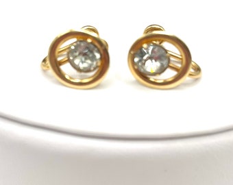 12k Gold Filled Round Vintage Rhinestone Screw Back Earrings