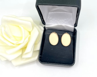 Beautiful Vogue Bijoux Designer Cream Enamel Gold Tone Clip Earrings, Vintage Designer Earrings 1980’s