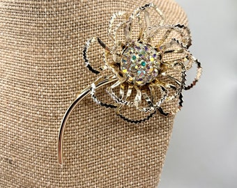 Vintage Sarah Coventry “Allusion” Floral Brooch, Open Work Scalloped Edged Gold Petals, Aurora Borealis Crystal Rhinestones in Center, 1968