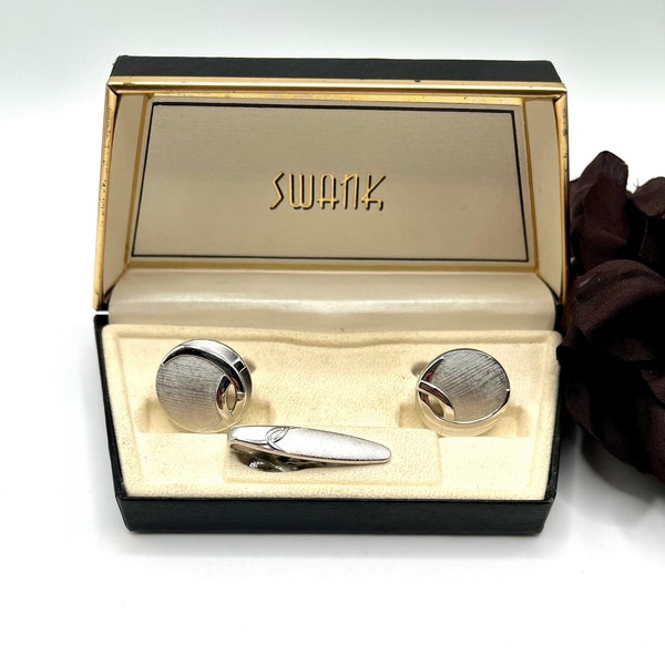 Swank Silver Tie Clip and Cuff Links Set, Vintage Mid Century Mens Jewelry, Brush Silver Finish, Original Swank Box