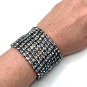 Vintage Blue Rhinestone 10 Row Wide Statement Bracelet, Mid-Century Glam Jewelry, 1950’s