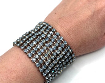 Vintage Blue Rhinestone 10 Row Wide Statement Bracelet, Mid-Century Glam Jewelry, 1950’s