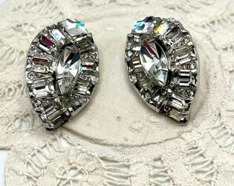 Mid Century Sterling Silver Rhinestone Converted POST Earrings, Marquise & Baguette Clear Rhinestone Clips