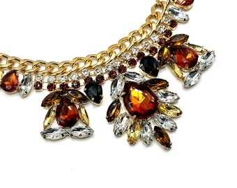 Vintage Chunky Crystal Statement Necklace, Thick Gold Tone Chain with Large Pear shaped, Navette, and Round Crystals of Multicolor, 1990s