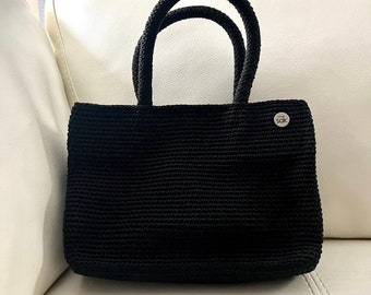 The Sak Pristine Black Crocheted Exterior Tote Handbag with Top Handles and Removable Change Purse, Estate Handbag 1990’s