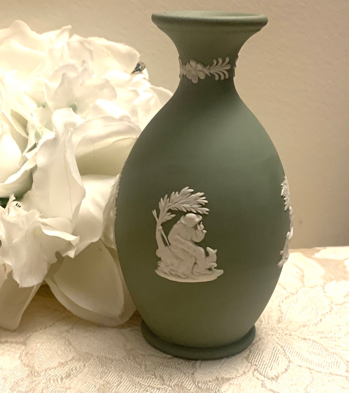 Vintage WEDGWOOD Jasperware Sage Green Bud Vase with White Etsy