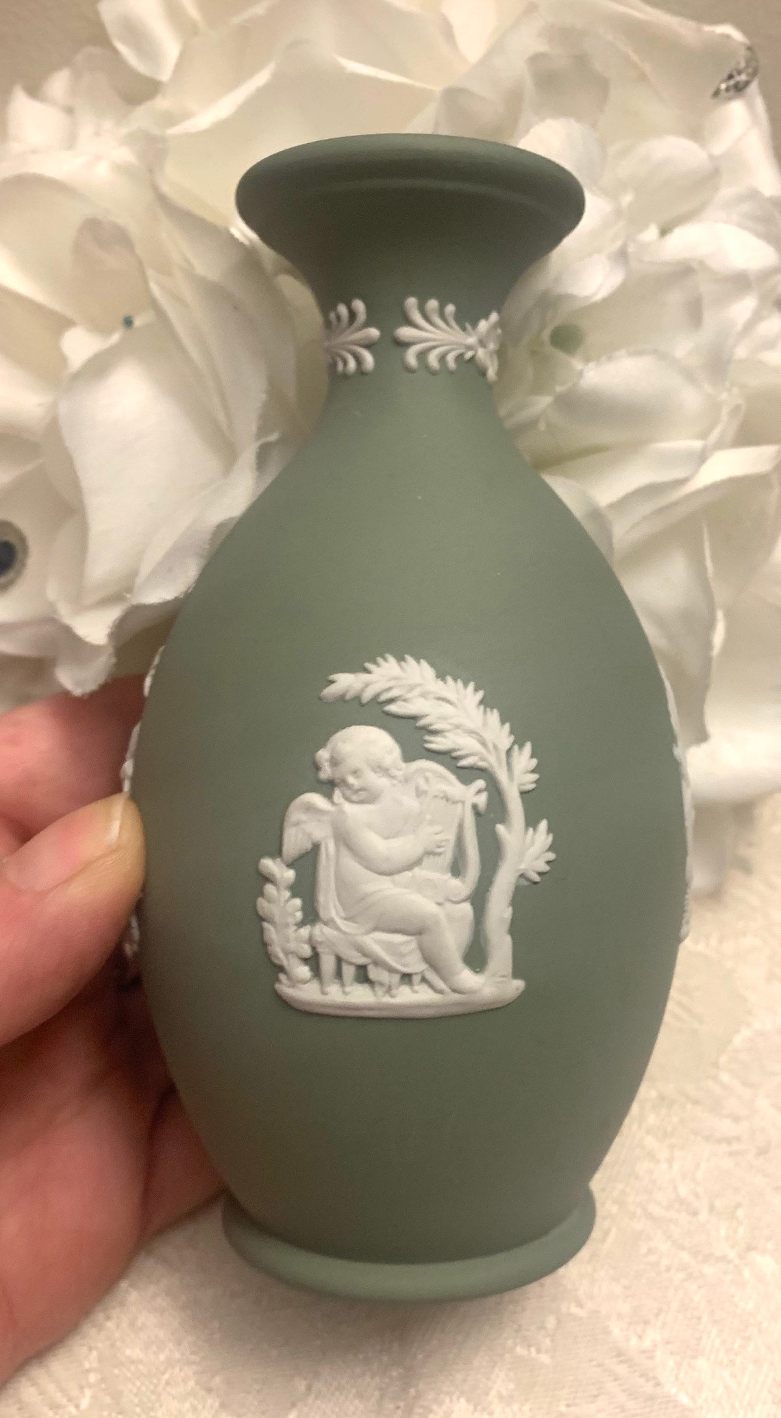 Vintage WEDGWOOD Jasperware Sage Green Bud Vase with White Etsy