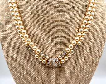 Mid Century Two Strand Golden Glass Pearl Necklace with Aurora Borealis Crystals and Rhinestones, 1960’s