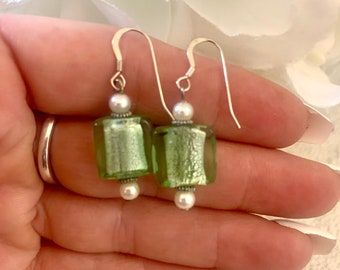 Green Art Glass Earrings, Pearl Accents, Lime Green, Square Shaped, Murano Glass Earrings