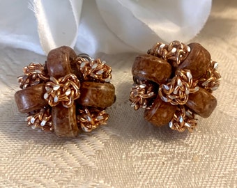 Wood and Rose Gold Colored Chain, Flower Shaped Vintage Clip Earrings