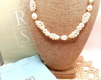 Stunning Ross-Simons Cultured Multi Cream Pearl Torsade Necklace, Sterling Silver Chain Adjustable Clasp, Gold Spacers, Early 2000s