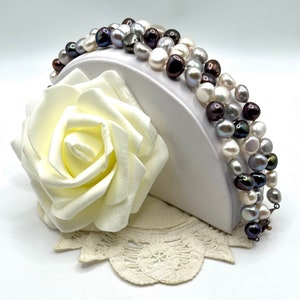Marathon Jewelry Pearl Bracelet, Multicolor Three Strand Hand Knotted Freshwater Pearl Bracelet, Sterling Silver Box Clasp, 1960’s