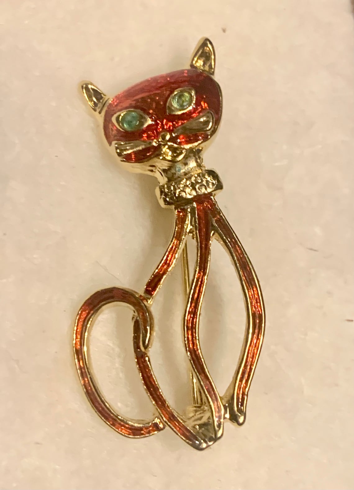 Vintage Gold Tone Enamel Cat Brooches Red with Green Etsy