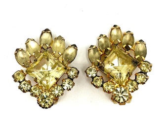 Authentic Juliana DeLizza & Elster Earrings, Yellow Frosted and Yellow Sparkling Rhinestone Clip On Earrings, 1950’s