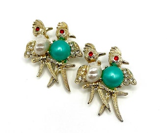 Jelly Belly Bird Brooches, Scatter Pins, Green Moonglow Cab,  Faux Pearl, Red Rhinestone Eyes, Clear Rhinestone Wings in Gold Tone Setting