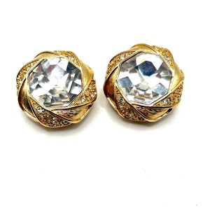 Swarovski Crystal Gold Tone Halo Octagonal Clip On Earrings, Swarovski Swan Signed Statement Earrings, 1980’s