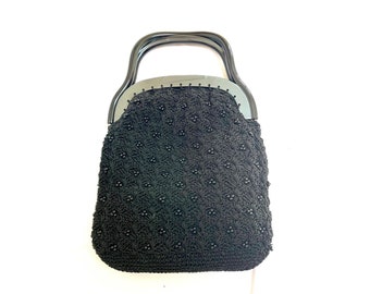 Black Beaded Crochet Works Handbag with Top Handles, 1980’s