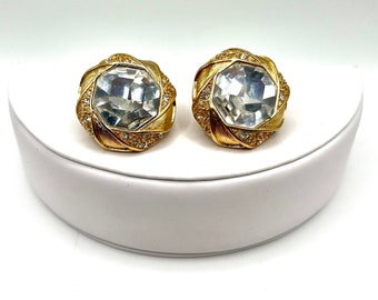 Swarovski Crystal Gold Tone Halo Octagonal Clip On Earrings, Swarovski Swan Signed Statement Earrings, 1980’s