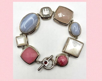 ELLE Designer Gemstone Bracelet, Sterling Silver, Blue Lace Agate, Pink Agate, Mother of Pearl, Clear & Rose Quartz, 1990’s